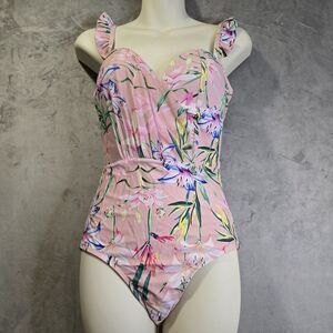 One Piece Swimsuit Size Small Pink‎ Floral  Ruffle Strap Padded Bra High Back
